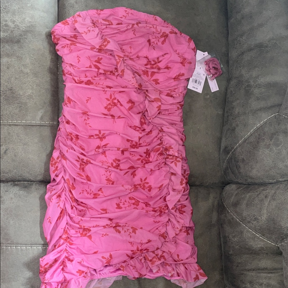wild fable Pink Floral Strapless Dress with Ruffle Hem